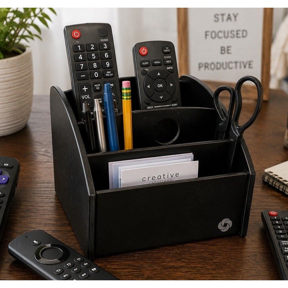 Black Wooden Desk Organizer Remote Control Caddy Office Storage Pen Pencil Hold